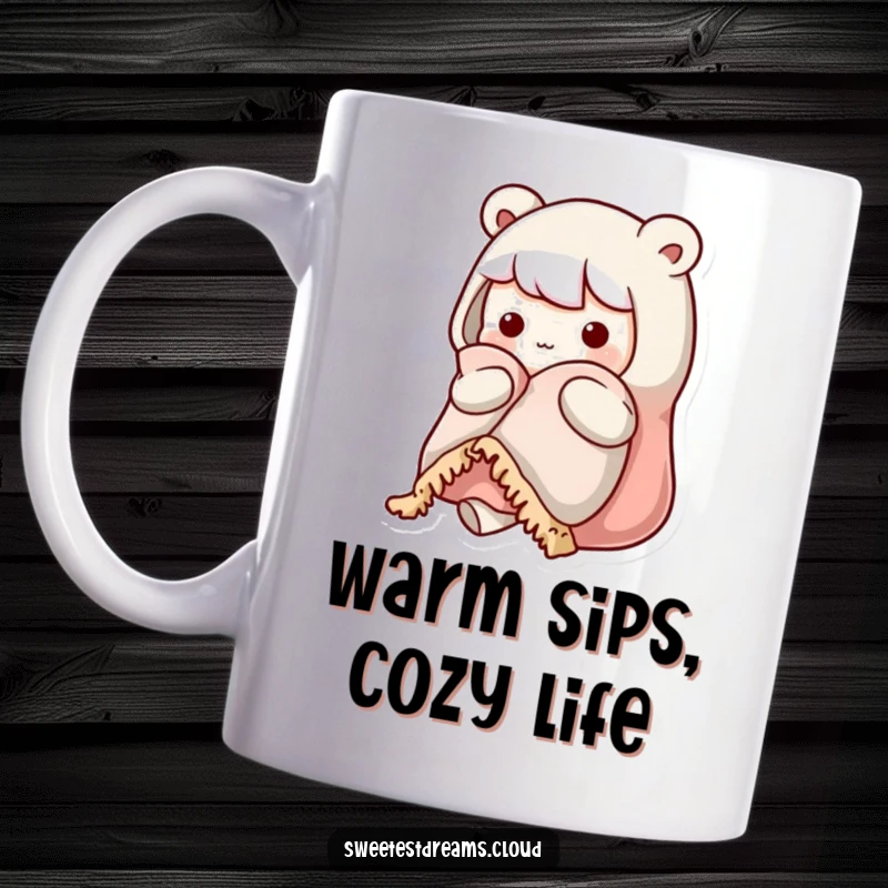 Funny kawaii character mug showing a cute character bundled up in a warm blanket, looking incredibly cozy and content.