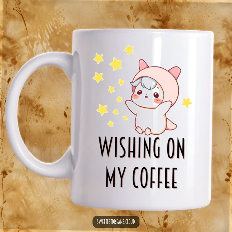 Funny kawaii character mug, playfully tossing sparkling stars into a dark night sky, magical and humorous.