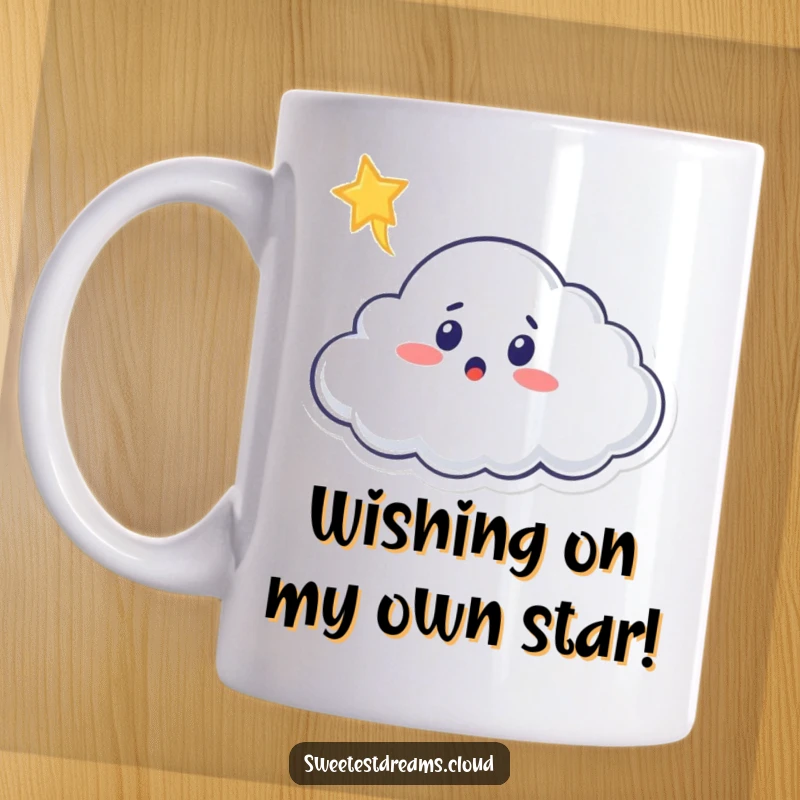 Funny cloud mug featuring a surprised cloud character gazing at a shooting star, perfect for cosmic humor lovers.