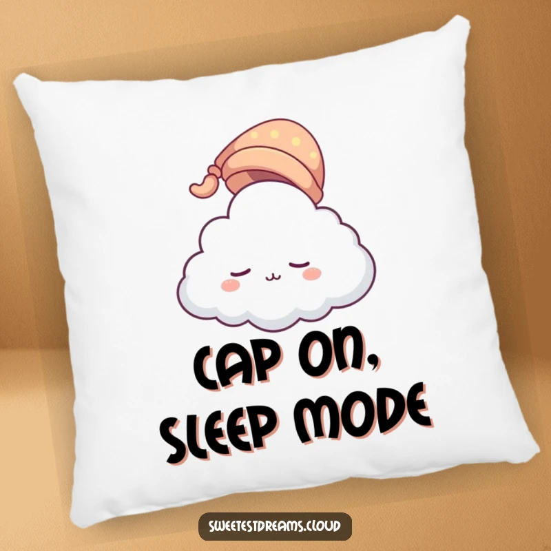 Funny cloud character pillow wearing a tiny sleeping cap, floating gently. A soft, humorous cushion designed for ultimate relaxation and sweet dreams.