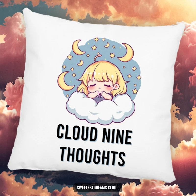 Funny Pillow: Character peacefully dreaming, stars and moons swirling above, a soft and funny decorative cushion.