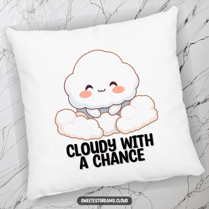 Funny pillow featuring a smiling cloud character nestled in fluffy clouds, offering plush comfort and a sweet, serene aesthetic.