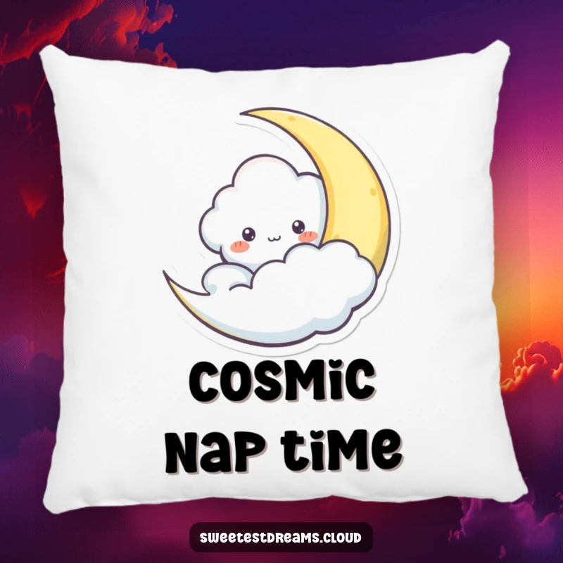 Funny pillow with a cloud character playfully peeking from behind a crescent moon, offering soft and whimsical comfort.
