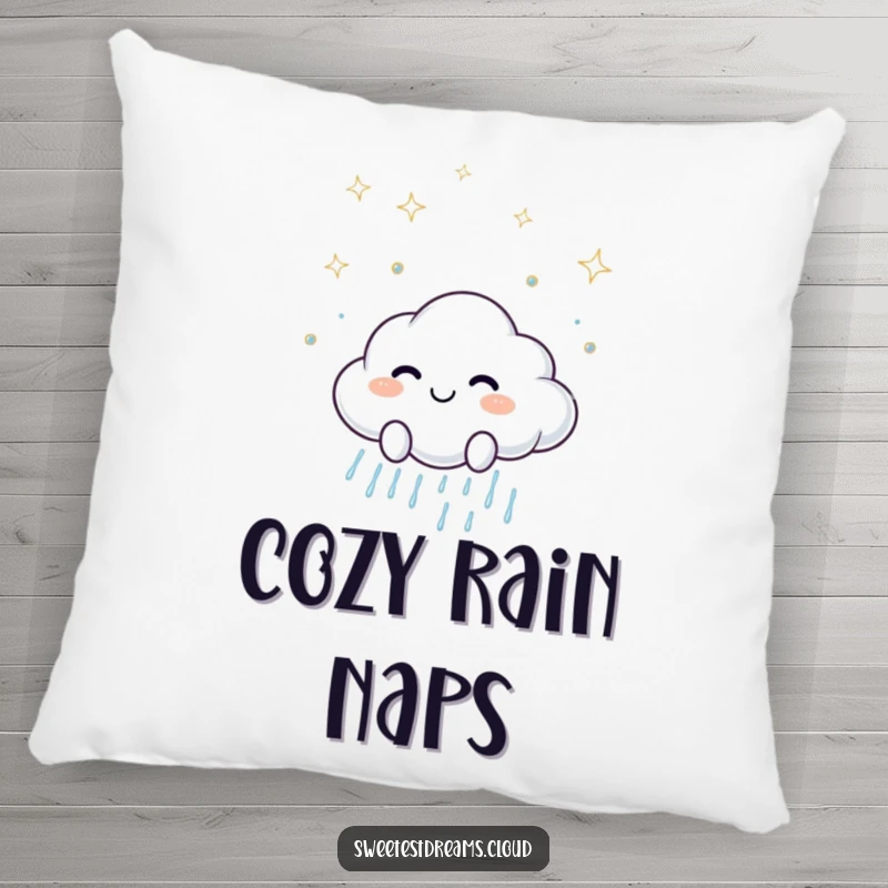 Funny pillow featuring a smiling cloud character scattering sparkling raindrops, adding a touch of cheerful and playful charm.