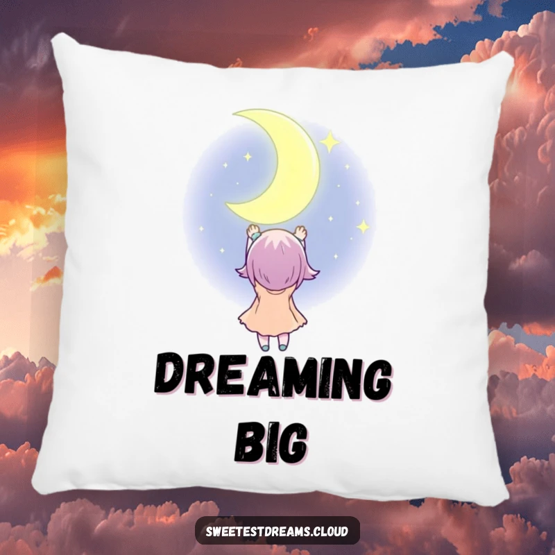 Funny Pillow with a character reaching for a twinkling crescent moon, perfect for adding a cozy and humorous touch.