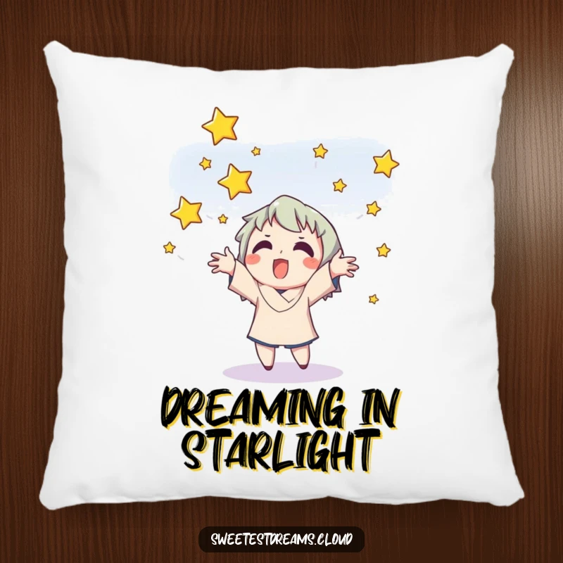 Funny pillow with a cute character grabbing falling stars, offering comfort and a touch of magic.