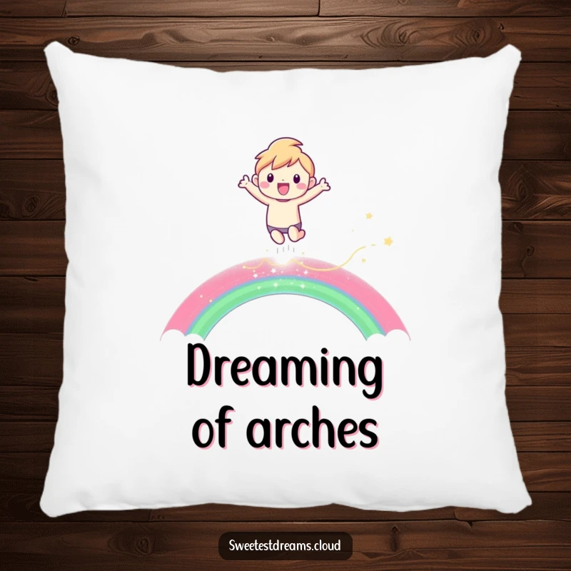 Funny Pillow with a character joyfully leaping over a shimmering rainbow, offering comfort and a vibrant, happy vibe.