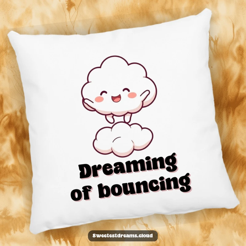 Funny cloud character joyfully bouncing on a smaller cloud. Soft, humorous pillow.