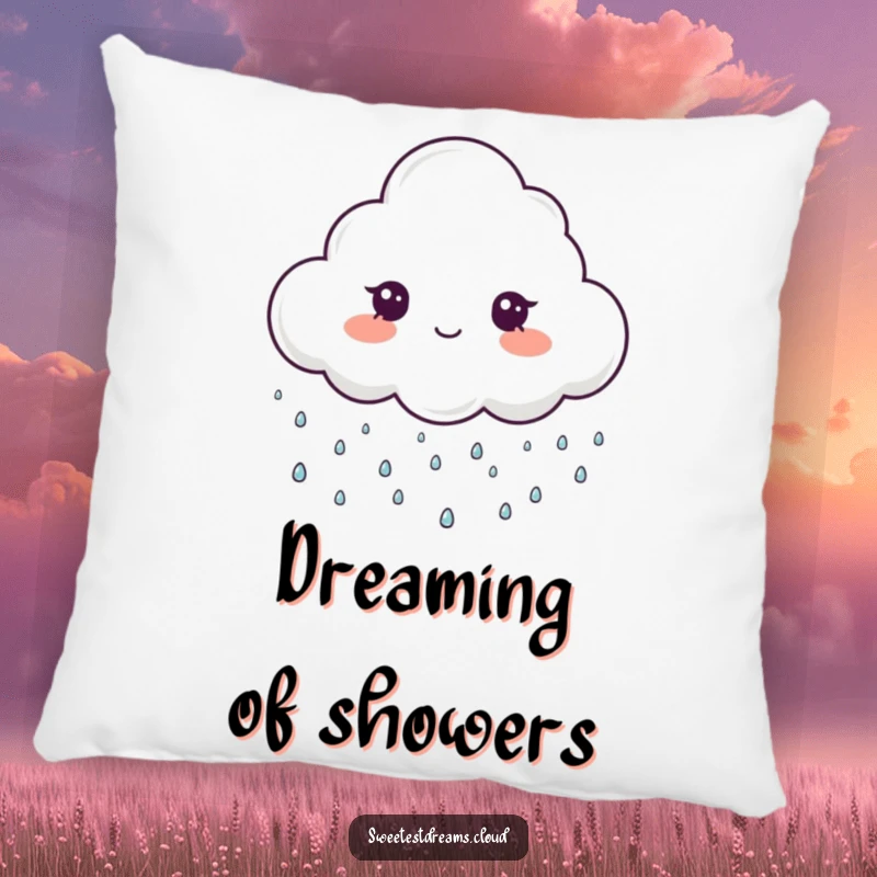 Funny pillow designed with a cloud character gently raining tiny, sparkling drops, offering comfort and a humorous, magical aesthetic.