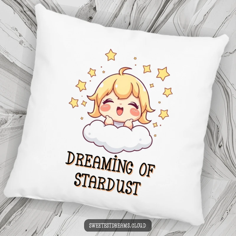 Funny Pillow: A character giggles while chasing stars around a cloud, offering soft, humorous comfort and playful decor.