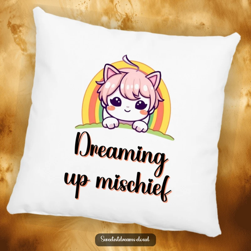 Funny pillow featuring a character peeking mischievously from behind a rainbow, offering comfort and whimsical decor.