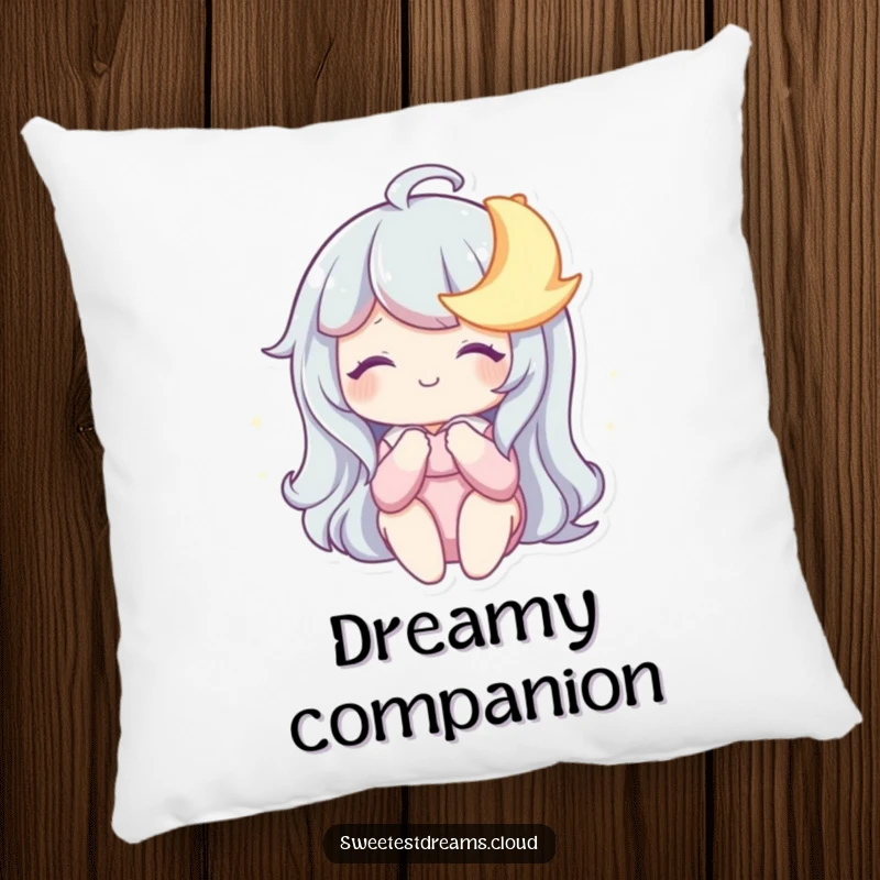 Funny Pillow featuring a character sharing a dreamy smile with a sleepy moon, perfect for a cozy and humorous touch.