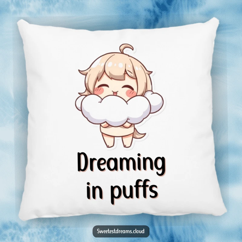 Funny Pillow with a cute character delightedly blowing soft, fluffy cloud shapes, offering comfort and humor.