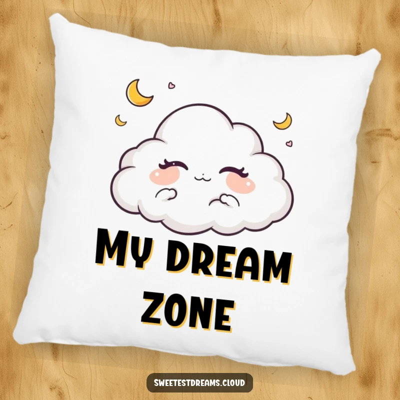 Funny pillow featuring a dreaming cloud character with closed eyes and tiny crescent moons, perfect for adding peaceful charm.