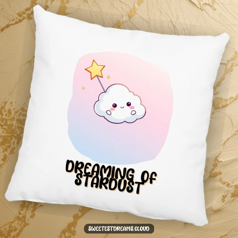 Funny pillow with a soft cloud character happily guiding a shooting star, perfect for cozying up.