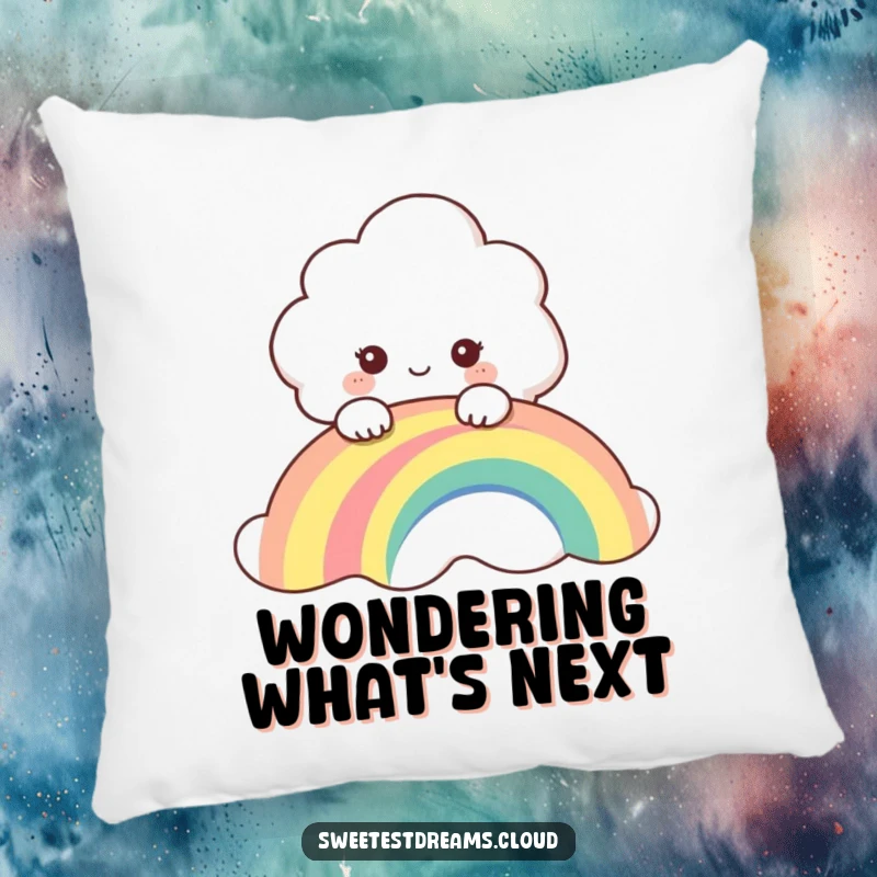 Funny pillow featuring a curious cloud character peeking over a rainbow, offering soft comfort and a touch of playful art.
