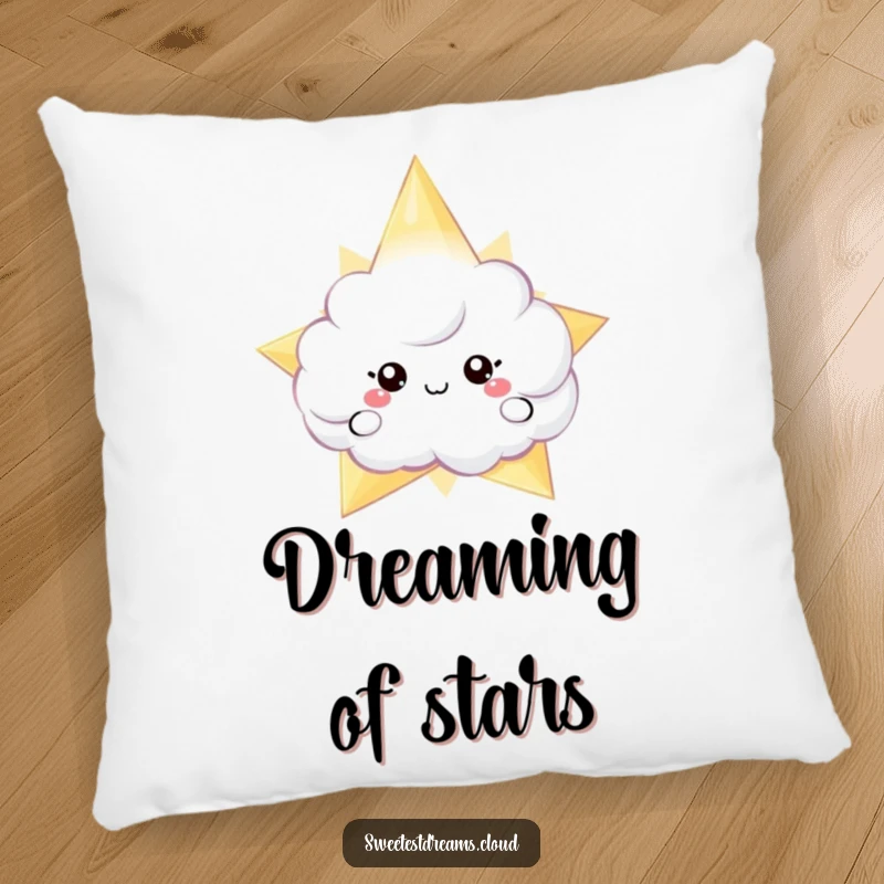 Funny pillow featuring a shy cloud character peeking from behind a sparkling star, adding a touch of celestial charm to any room.