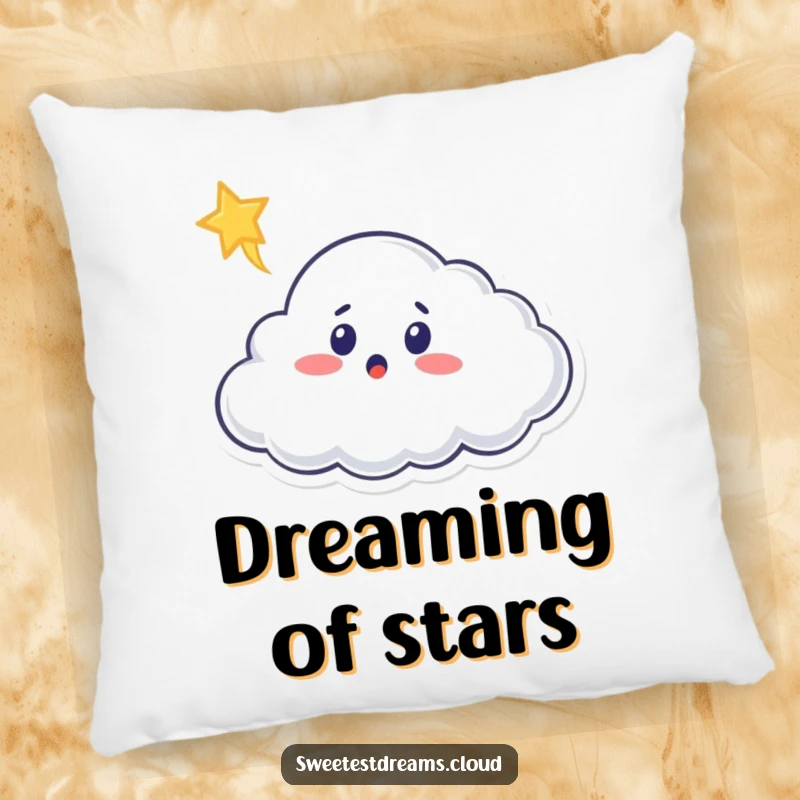 Funny cloud pillow featuring a surprised cloud character looking at a shooting star, offering comfort and cosmic charm.