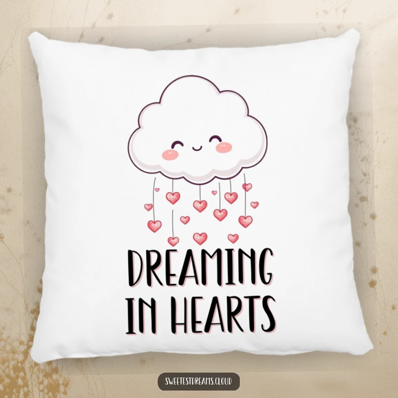 Funny pillow with a cute cloud character raining tiny, shimmering hearts, perfect for adding a cozy, loving touch.