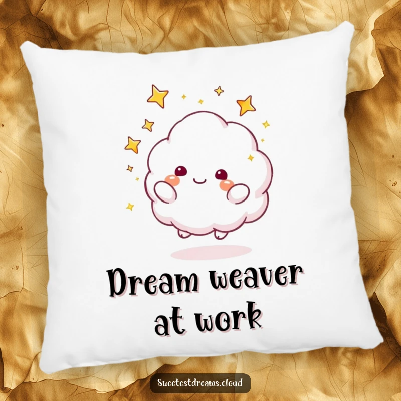 Funny Pillow featuring a cloud character playfully tossing sparkly stars, offering whimsical comfort and a touch of magic.