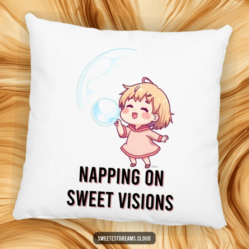 Funny pillow with a character happily blowing a giant bubble reflecting dreams, offering comfort and whimsical decor.