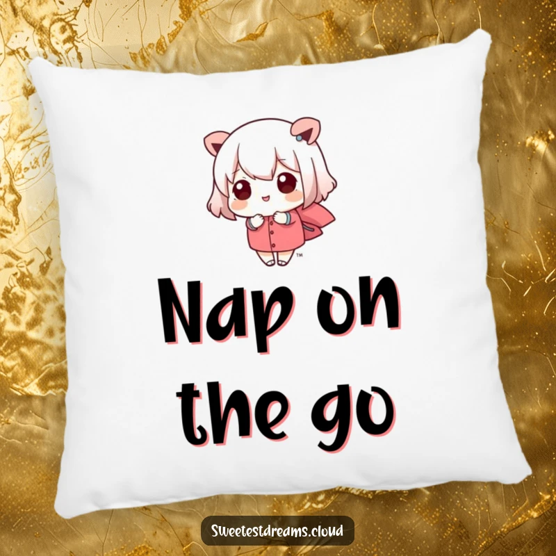 Funny kawaii character resting peacefully while being carried by a soft breeze. This pillow is a humorous and cozy gift.