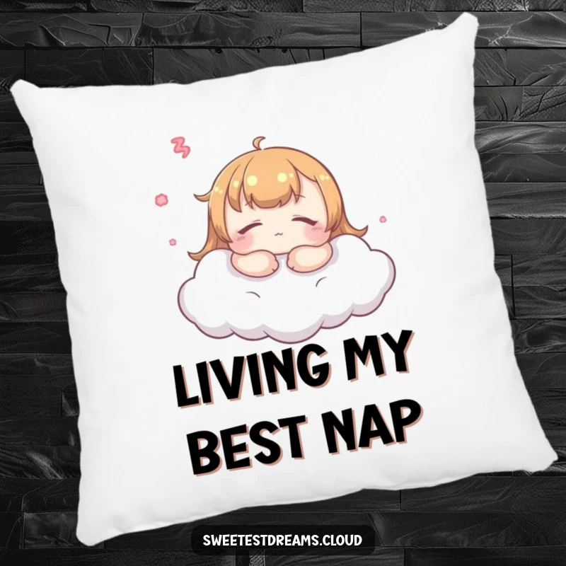 Funny kawaii dreamer pillow, peaceful expression, soft cloud, cozy and humorous home decor accent.