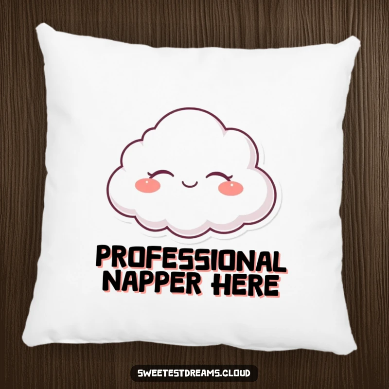 Funny pillow featuring a serene cloud character floating peacefully with closed, happy eyes.