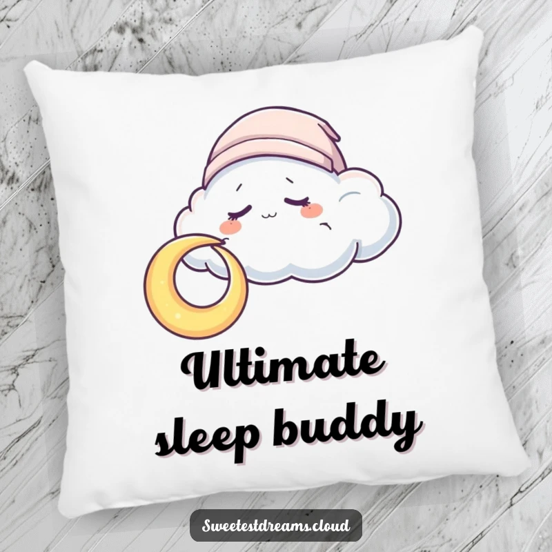 Funny Pillow featuring a sleepy cloud in a cap nuzzling a crescent moon, perfect for cozying up and dreaming.