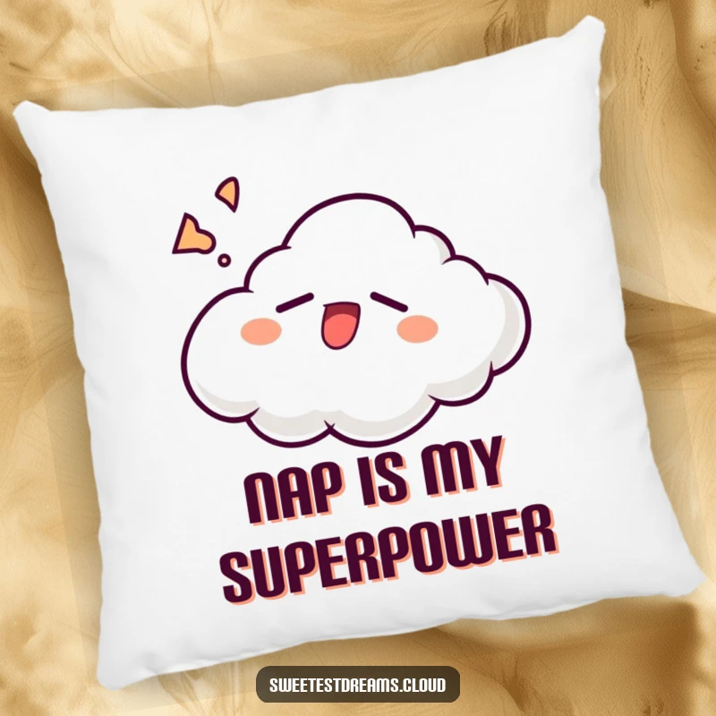 Funny cloud character yawning widely with a sleepy grin, perfect for a cozy and humorous pillow.