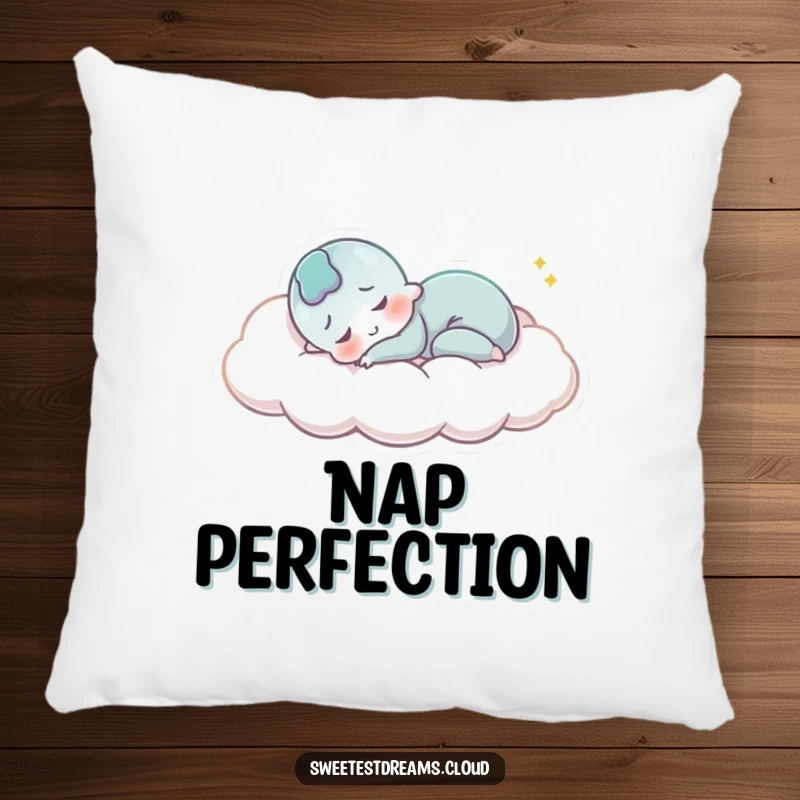 Funny Pillow: A character sleeps peacefully on a cloud, smiling, offering soft, humorous comfort and serene decor.