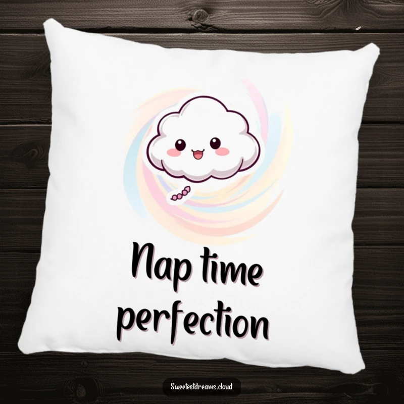 Funny pillow showcasing a happy cloud character in a gentle swirl of pastel colors, adding a soft, playful touch to decor.