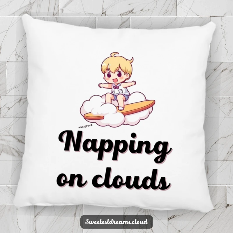 Funny pillow depicting a character riding a cloud like a surfboard, offering comfort and a touch of playful escape.