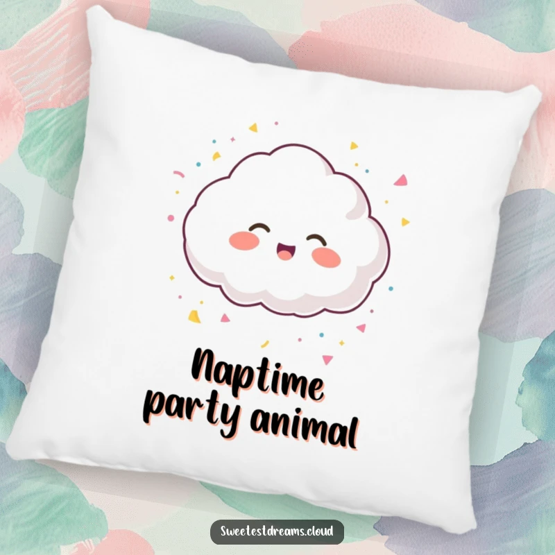 Funny pillow with a giggling cloud character scattering confetti, adding a soft and festive touch to any room.