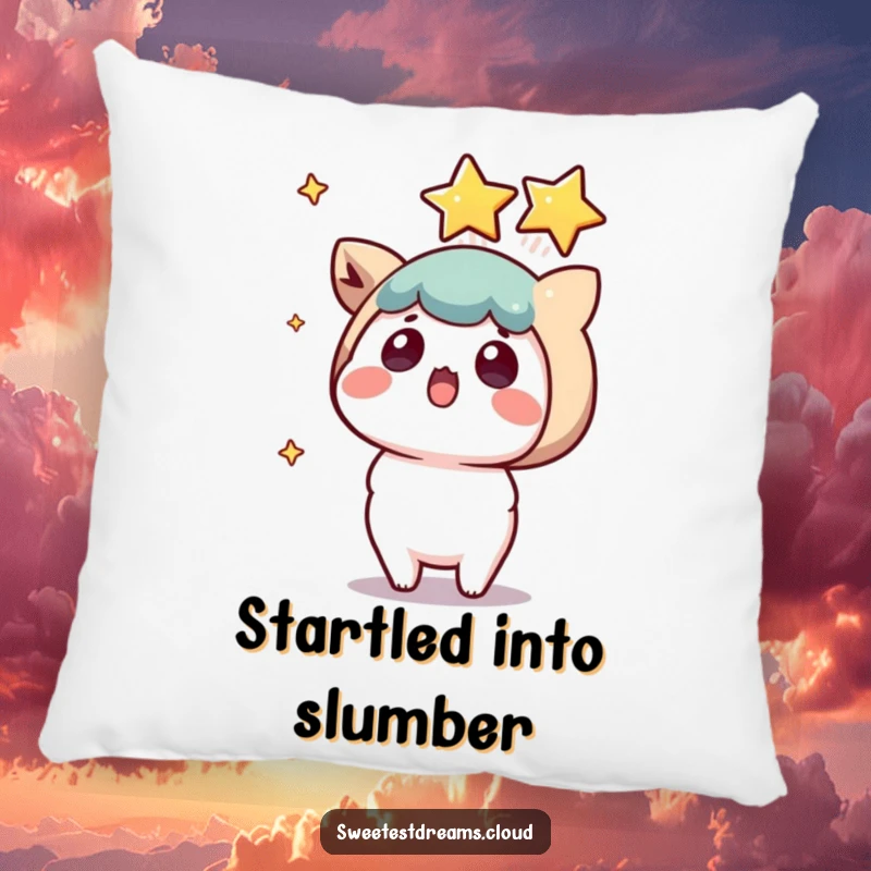 Funny kawaii character pillow, shocked expression, a shooting star landing, soft and humorous home decor.