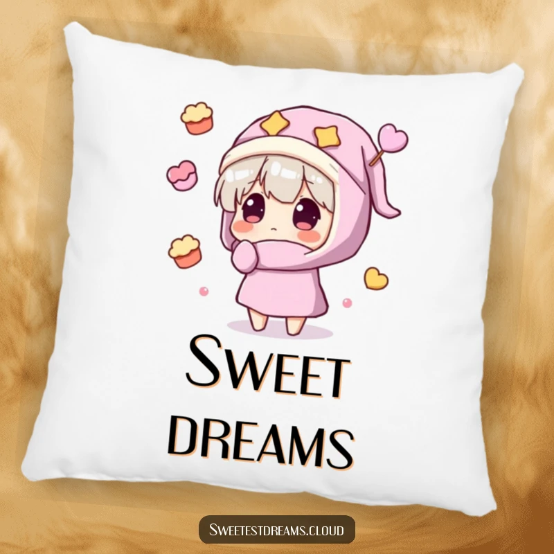 Funny Pillow featuring a character in a nightcap amazed by floating sweets, perfect for a cozy and humorous touch.