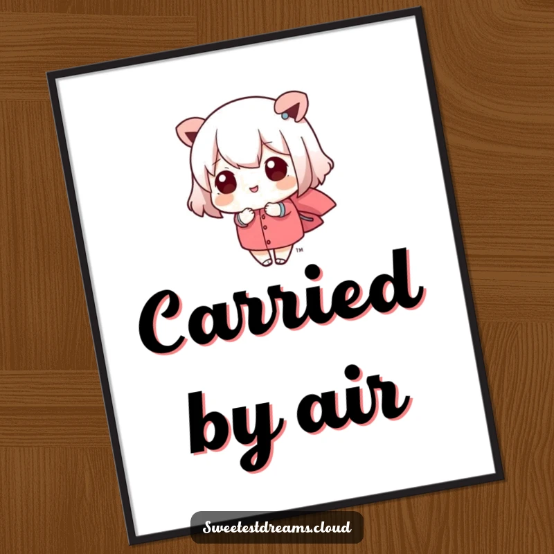 Funny kawaii character gently floating on a breeze, high-resolution digital art. This print is a humorous and serene gift.