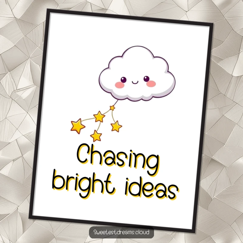 Funny digital art print of a cloud character being pulled by stars, perfect for adding a magical and dreamy ambiance.