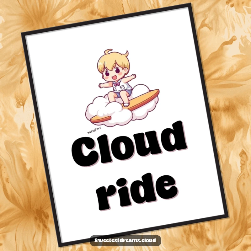 Funny digital art print of a character joyfully surfing on a fluffy cloud, embodying freedom and adventure.