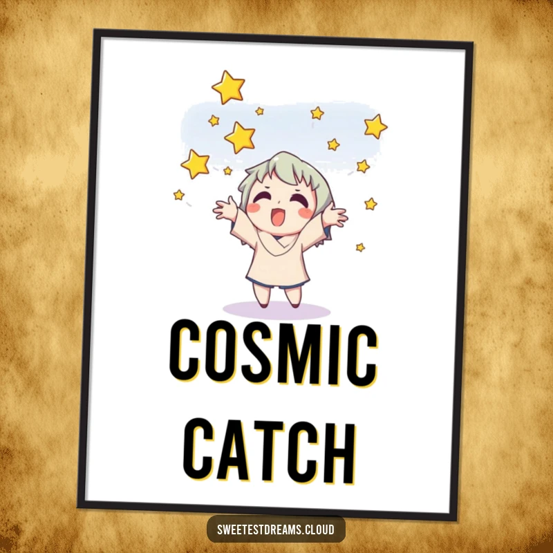 Funny digital art print of a character gleefully catching a stream of twinkling stars with their hands.