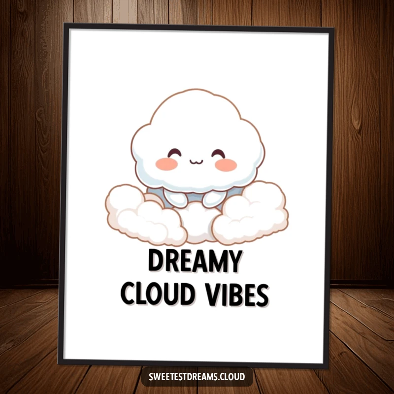 Funny digital art print of a smiling cloud character nestled in fluffy clouds, perfect for creating a serene and happy ambiance.