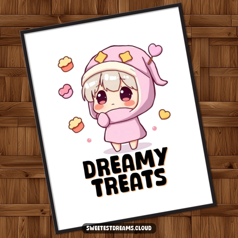 Funny Digital Art Print of a character in a nightcap amazed by floating sweets, perfect for humorous and whimsical decor.