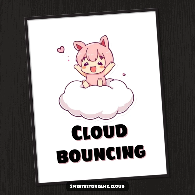 Funny Digital Art Print of a character joyfully bouncing on a marshmallow cloud, perfect for humorous and playful decor.