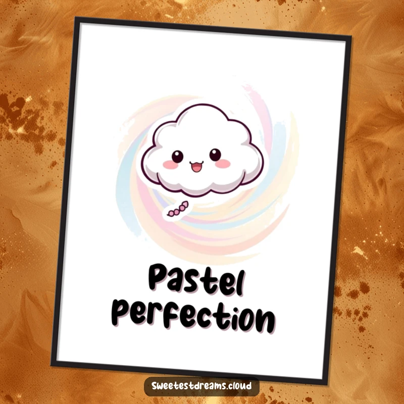 Funny digital art print of a happy cloud character in a dynamic swirl of pastel colors, ideal for vibrant wall decor.