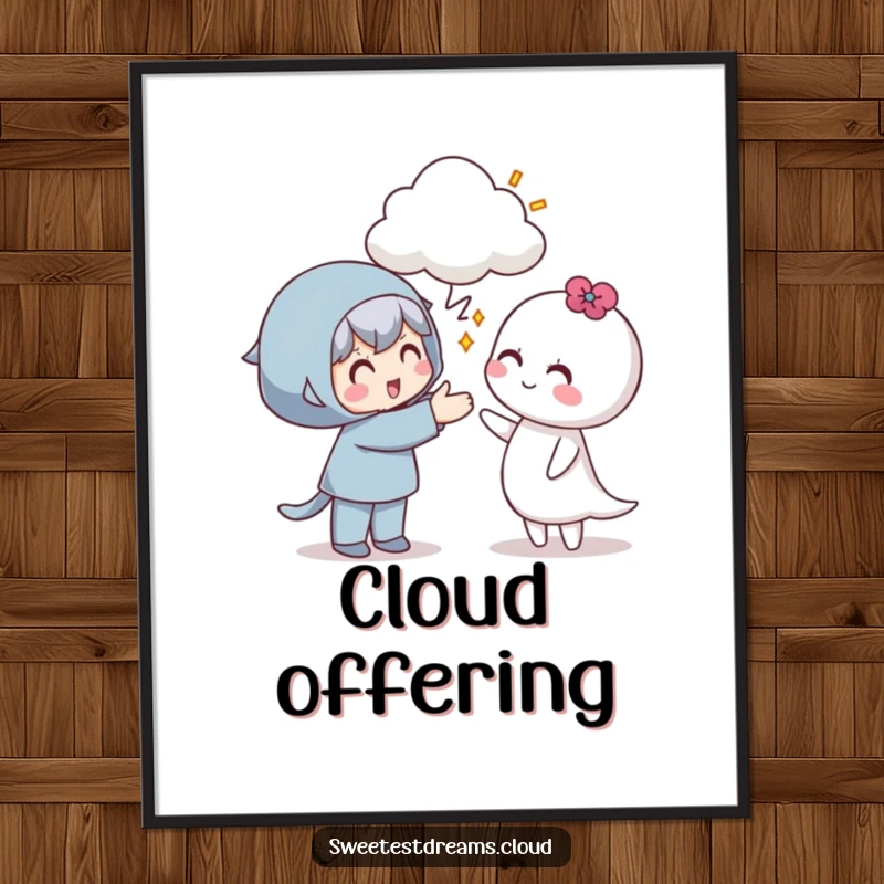 Funny digital art print of a character smilingly offering a fluffy cloud to another character, symbolizing generosity.