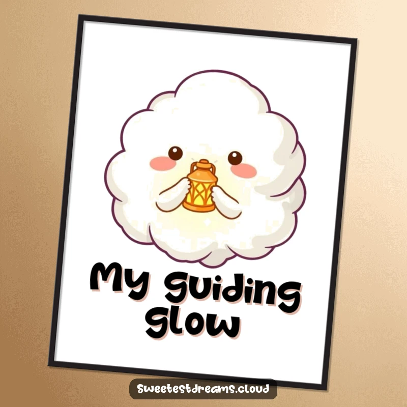 Funny digital art print of a cute cloud creature holding a tiny, glowing lantern, ready to download.