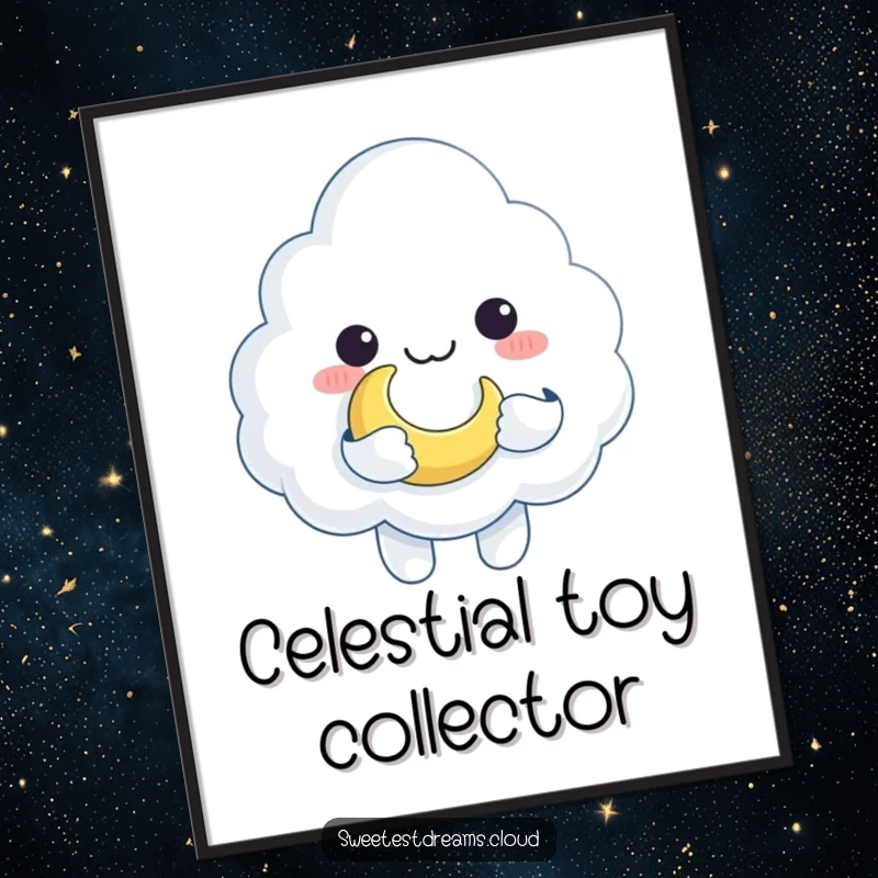 Funny cloud character holding a crescent moon like a toy, rendered as a high-resolution, humorous digital art print.