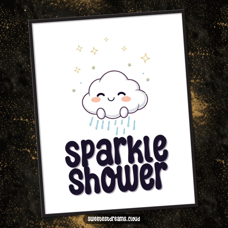 Funny digital art print of a smiling cloud character scattering sparkling raindrops, ideal for vibrant and cheerful wall decor.