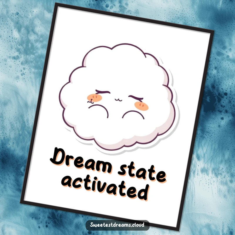 Funny fluffy cloud character digital art print, peacefully dreaming. Instant, humorous wall decor promoting serenity and gentle imagination.