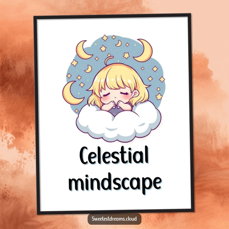 Funny Digital Art Print: Character dreaming in a starry wonderland, whimsical and funny, ready to frame.